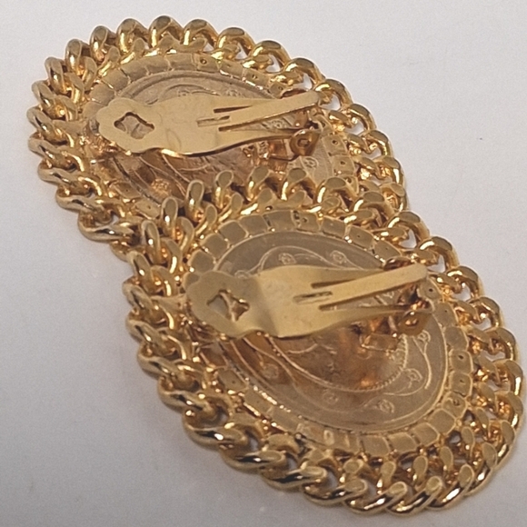 * Vintage Napoleon Coin & Rhinestones Gold Tone Clip On Earrings - Picture 4 of 4